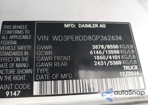 2016 Mercedes-Benz Sprinter 2500 High Roof from USA, damaged, VIN WD3PE8DD8GP362634